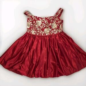 Red Satin Floral Embroidered Party Dress